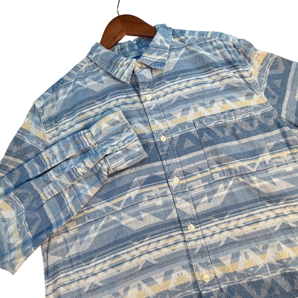 Arizona Jean Co Mens Large Blue Aztec Flannel Shirt Southwestern Cotton Long Slv